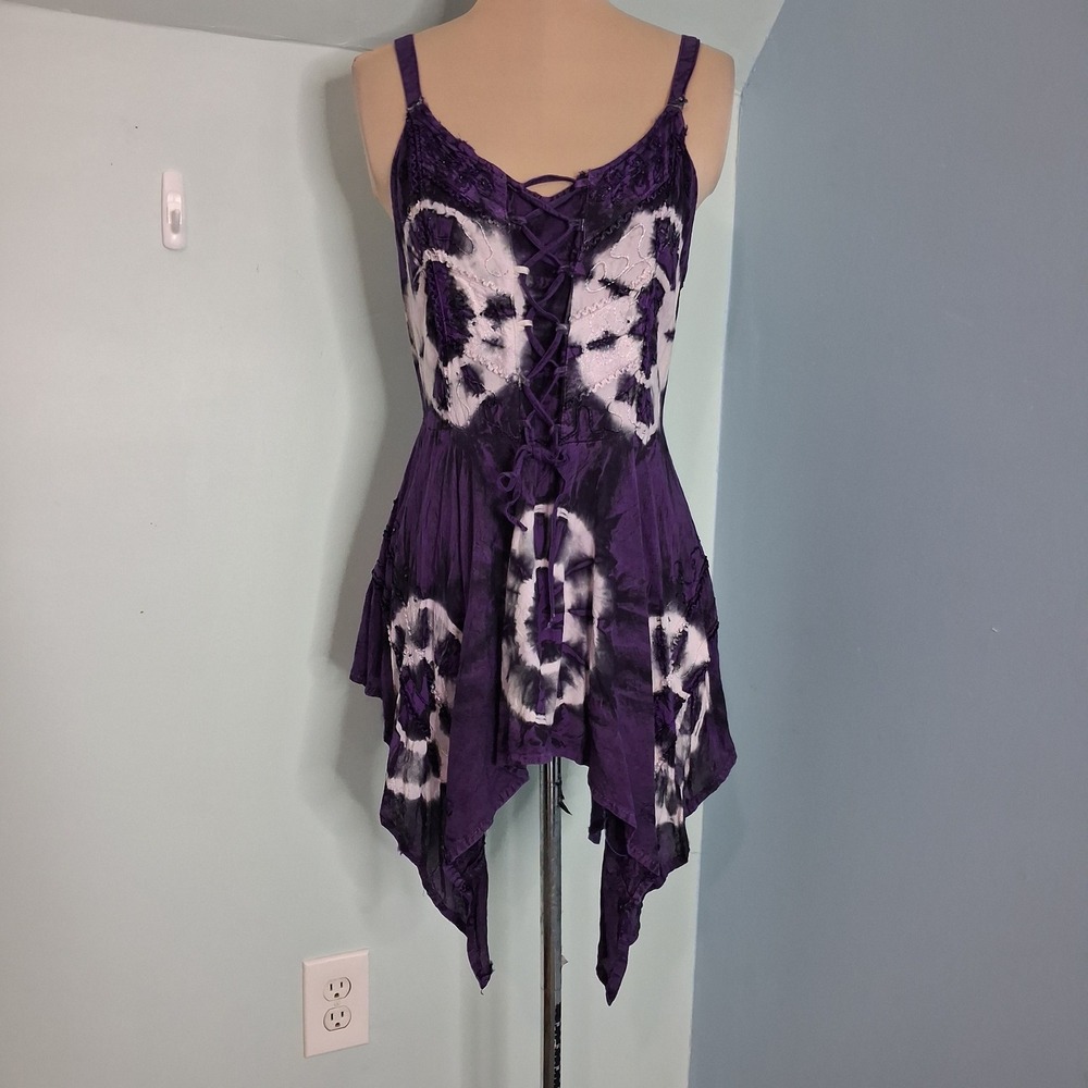 L.S.I.‎ Purple Tie Dye Lace Up Sharkbite Tunic Top Fairy Grunge embroidered L